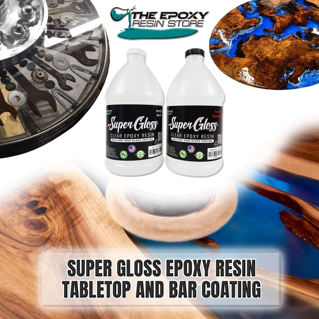 Super Gloss Epoxy Resin UV Stable Glass Like Finish for Bar Counters and Wood Tabletops, 1 Gallon Kit Easy Mixing at 1-1 by Volume Clearcast 7000