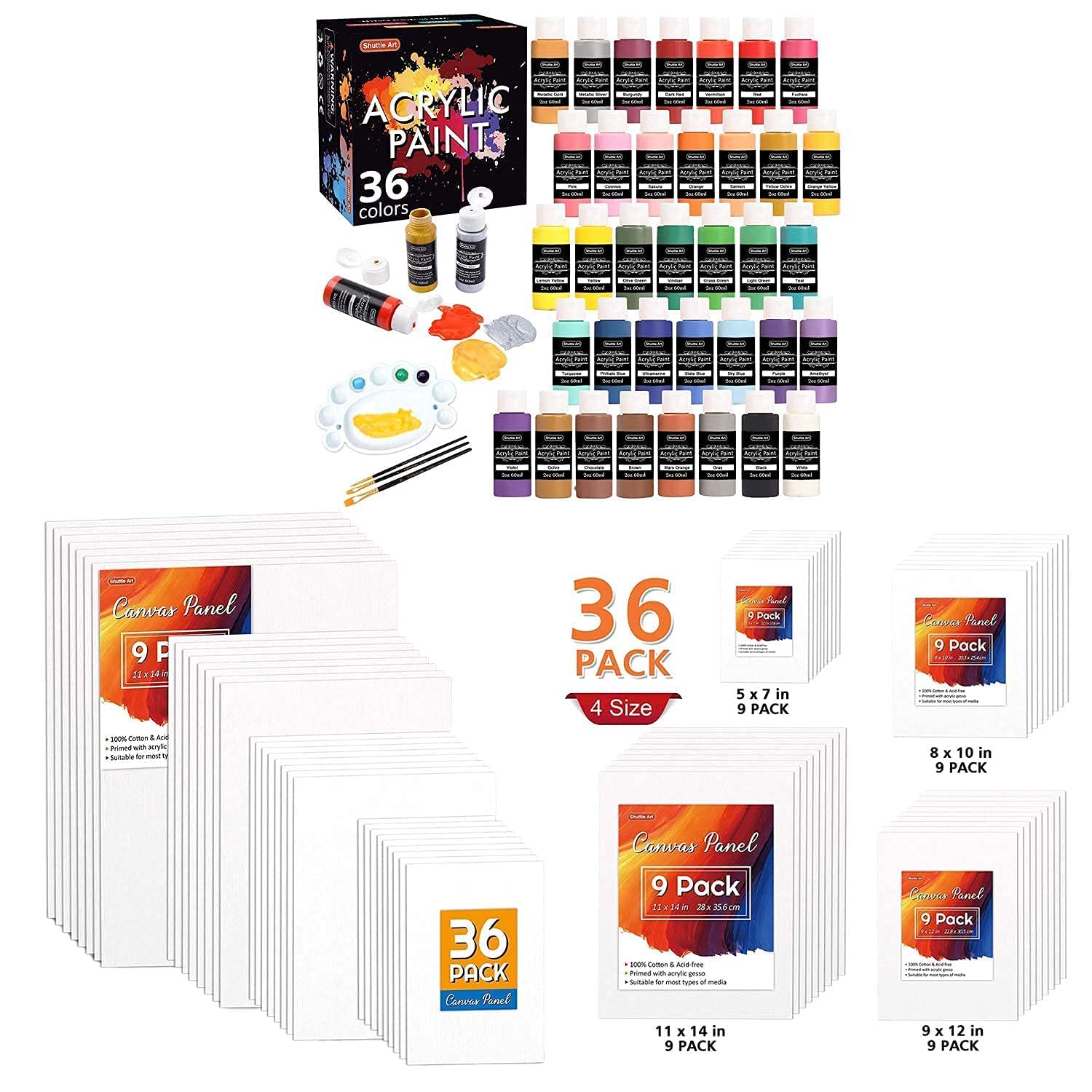 Shuttle Art Acrylic Painting Bundle, Set for 36 Colors Acrylic Paint in Bottles (60ml/2oz) + 36 Multi Pack Painting Canvas Panels Shuttle Art