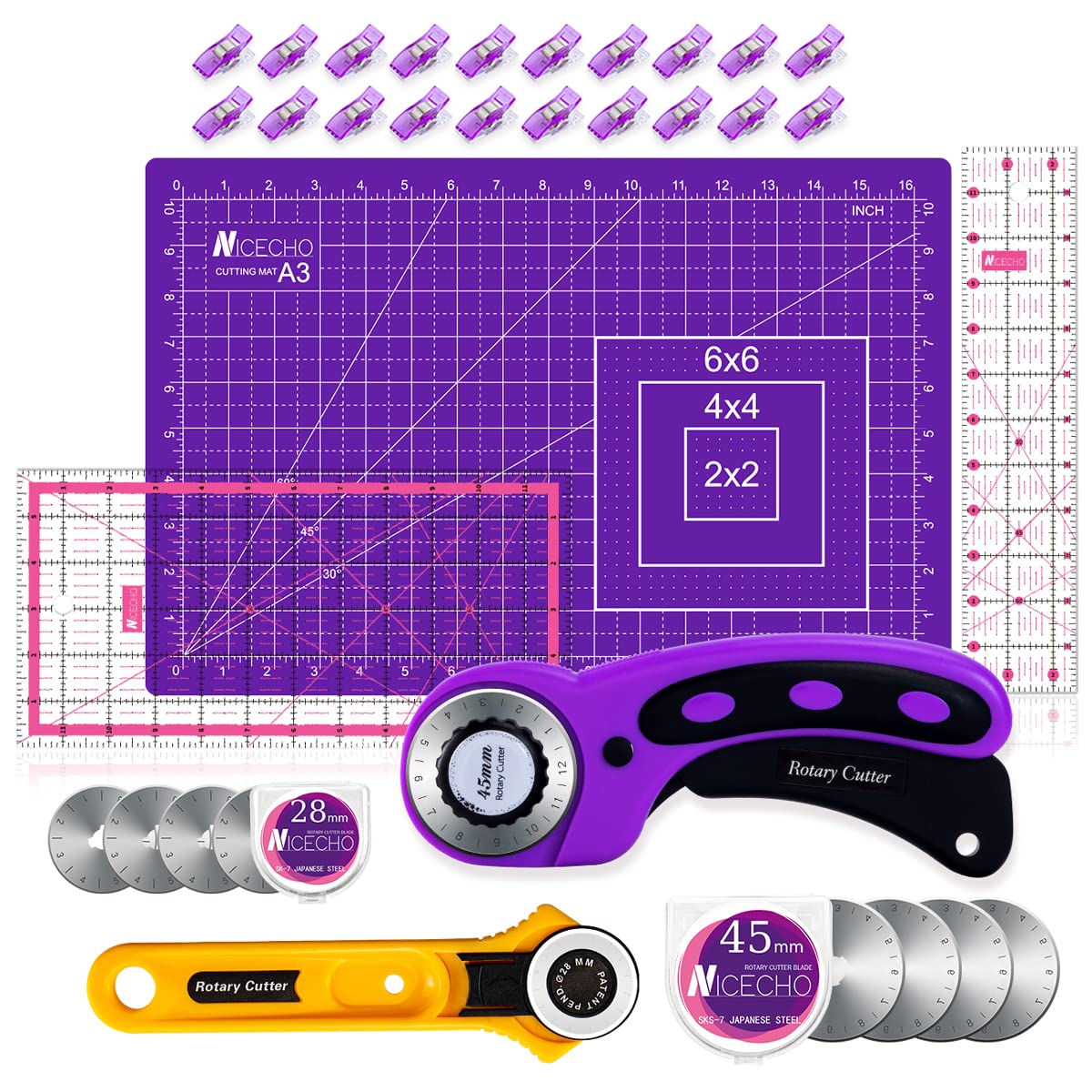 Rotary Cutter Set,Nicecho Sewing Quilting Supplies,45mm & 28 mm Fabric Cutters,8 Rotary Cutter Blades,A3 Cutting Mat for Sewing,6x12 & 2.5x12 In