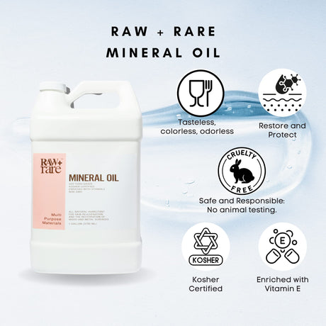 Raw Plus Rare Food Grade Mineral Oil (1gal), Suitable for Bamboo Cutting Board, Butcher Block, Wood, Knife Blade, Cast Iron Tools - Vegan, Enriched Raw Plus Rare