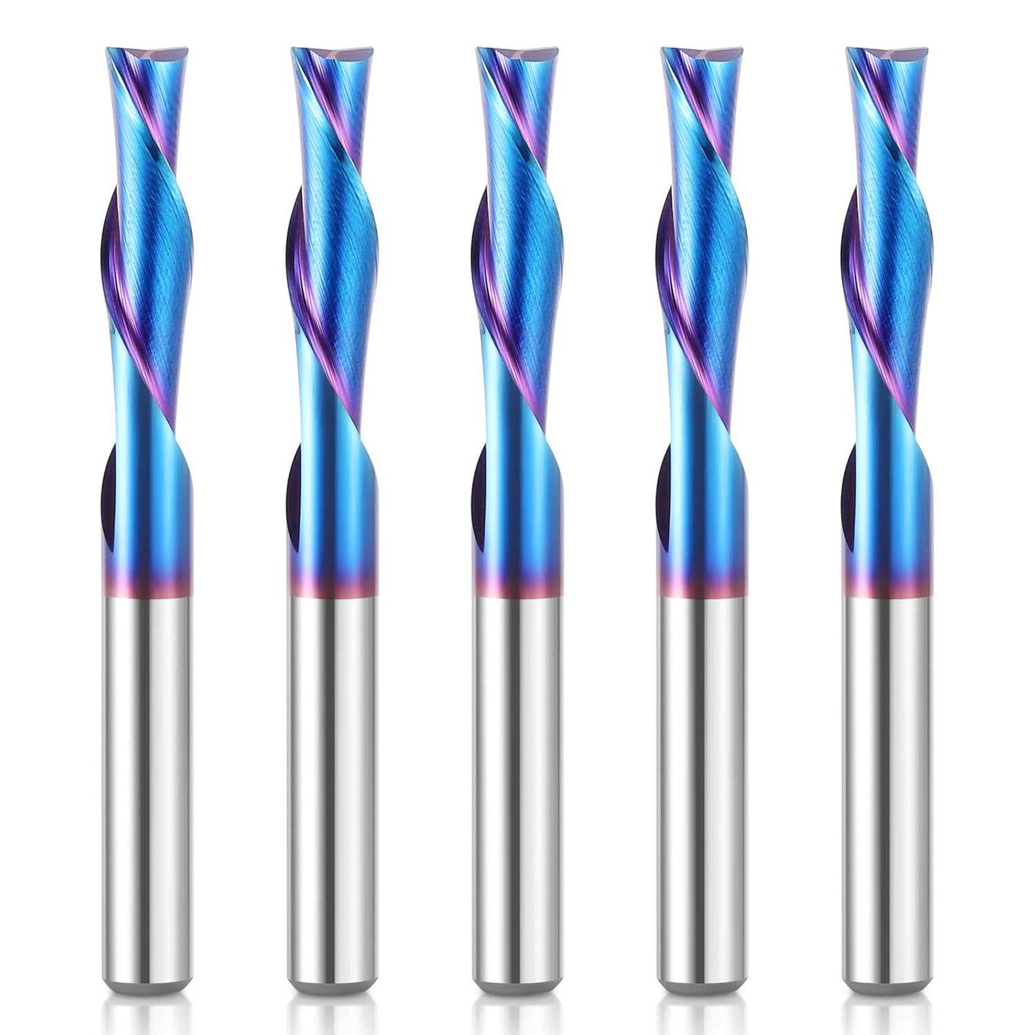 HQMaster 5 Pcs Spiral CNC Router Bits Set Down Cut 1/4” Shank Solid Carbide Spiral Downcut CNC Bits with Nano Blue Coating End Mill for Wood Cut HQMaster