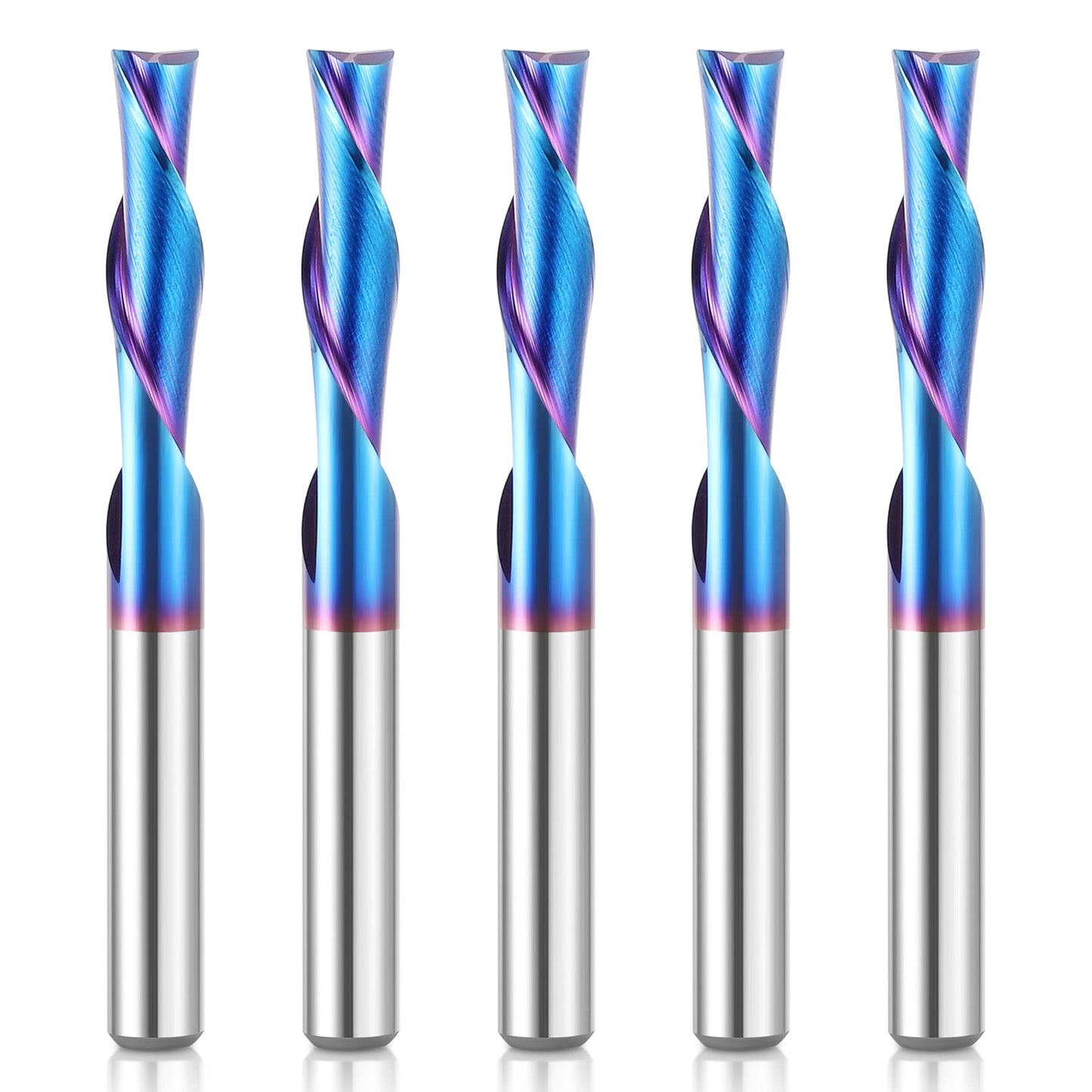 HQMaster 5 Pcs Spiral CNC Router Bits Set Down Cut 1/4” Shank Solid Carbide Spiral Downcut CNC Bits with Nano Blue Coating End Mill for Wood Cut - WoodArtSupply