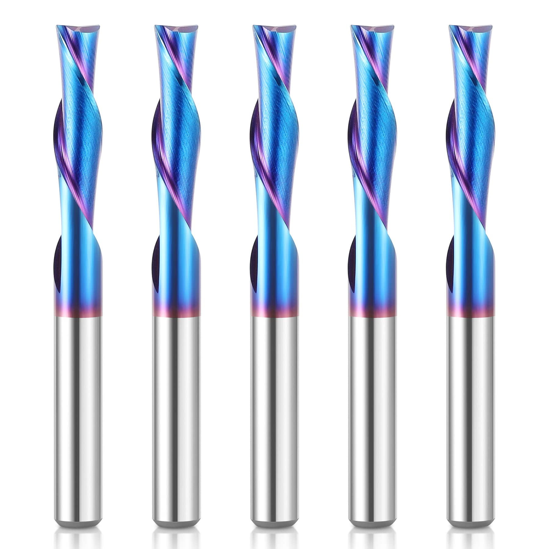 HQMaster 5 Pcs Spiral CNC Router Bits Set Down Cut 1/4” Shank Solid Carbide Spiral Downcut CNC Bits with Nano Blue Coating End Mill for Wood Cut - WoodArtSupply