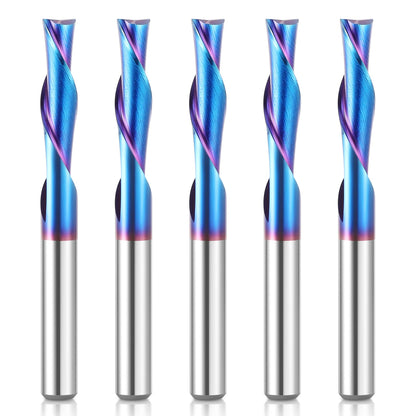 HQMaster 5 Pcs Spiral CNC Router Bits Set Down Cut 1/4” Shank Solid Carbide Spiral Downcut CNC Bits with Nano Blue Coating End Mill for Wood Cut - WoodArtSupply