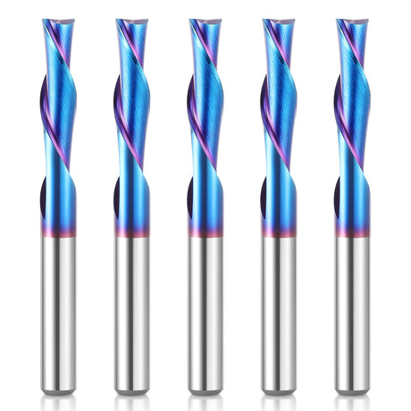 HQMaster 5 Pcs Spiral CNC Router Bits Set Down Cut 1/4” Shank Solid Carbide Spiral Downcut CNC Bits with Nano Blue Coating End Mill for Wood Cut HQMaster