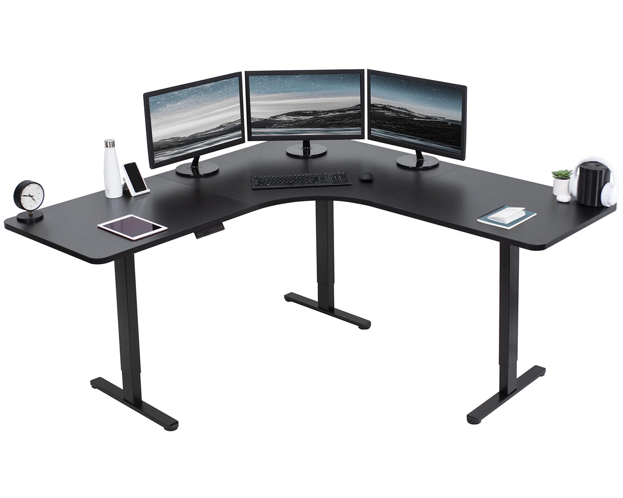 VIVO Electric Height Adjustable 71 x 71 inch Curved Corner Stand Up Desk, Black Table Top, Black Frame, Memory Controller, L-Shaped Workstation, E3C VIVO