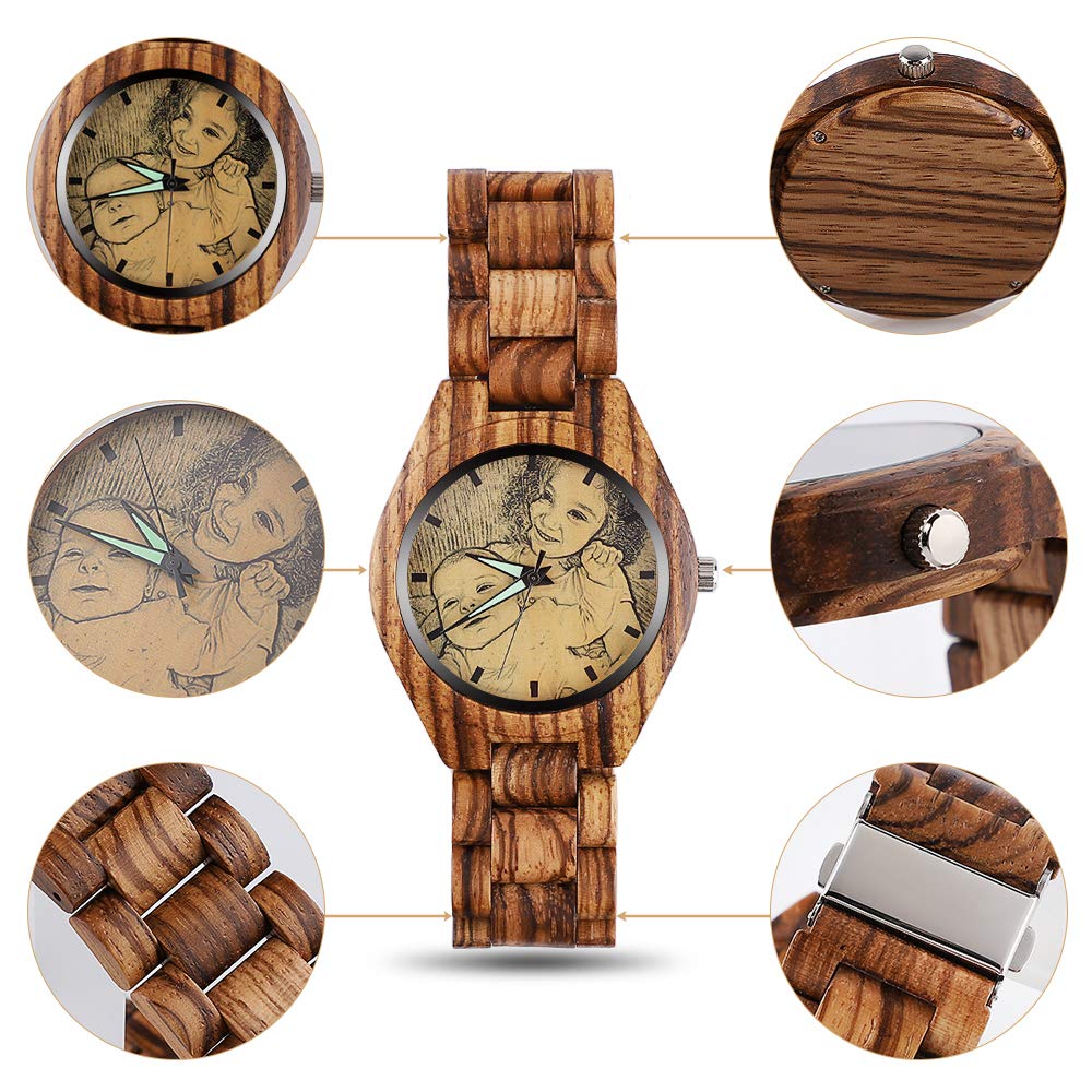 Godchoices Personalized Photo Wood Watch Engraved Text Double-Sided Custom Wrist Watch for Men Father Fiance Groomsmen Gifts Ideas Anniversary Godchoices