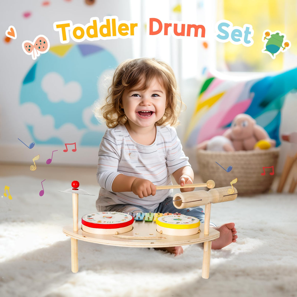 Hilifexll Kids Drum Set for Toddlers 1-3, Baby Preschool Musical Toys 7 in 1 Montessori Instruments Set Wooden Music Toy Baby Drum Kit Xylophone Hilifexll