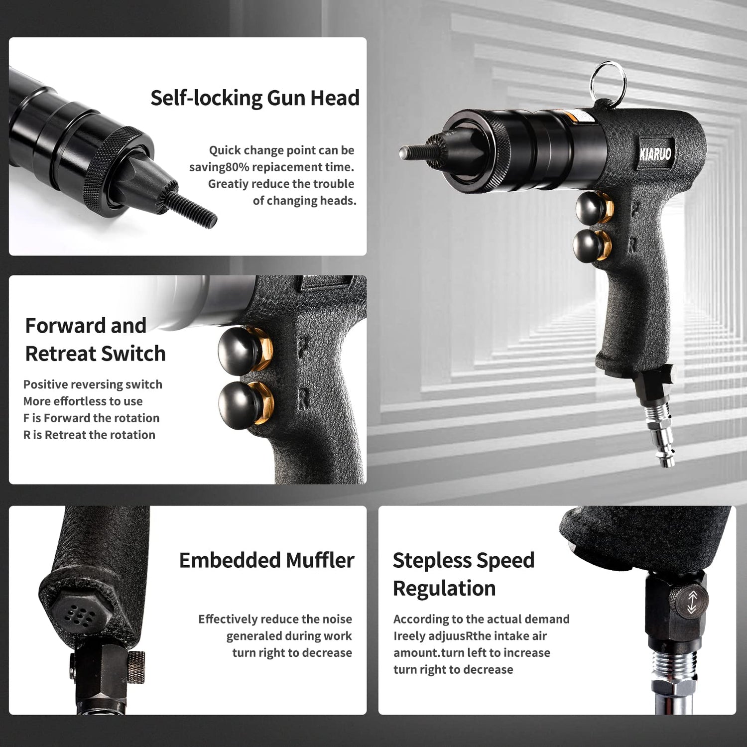KIARUO Pneumatic Rivet Nut Gun with Self-locking Head Gun 1/4 & 5/16 & 3/8 Mandrels,Industrial Grade Adjustable Speed Pull Rivnut Gun Model:LM07 KIARUO