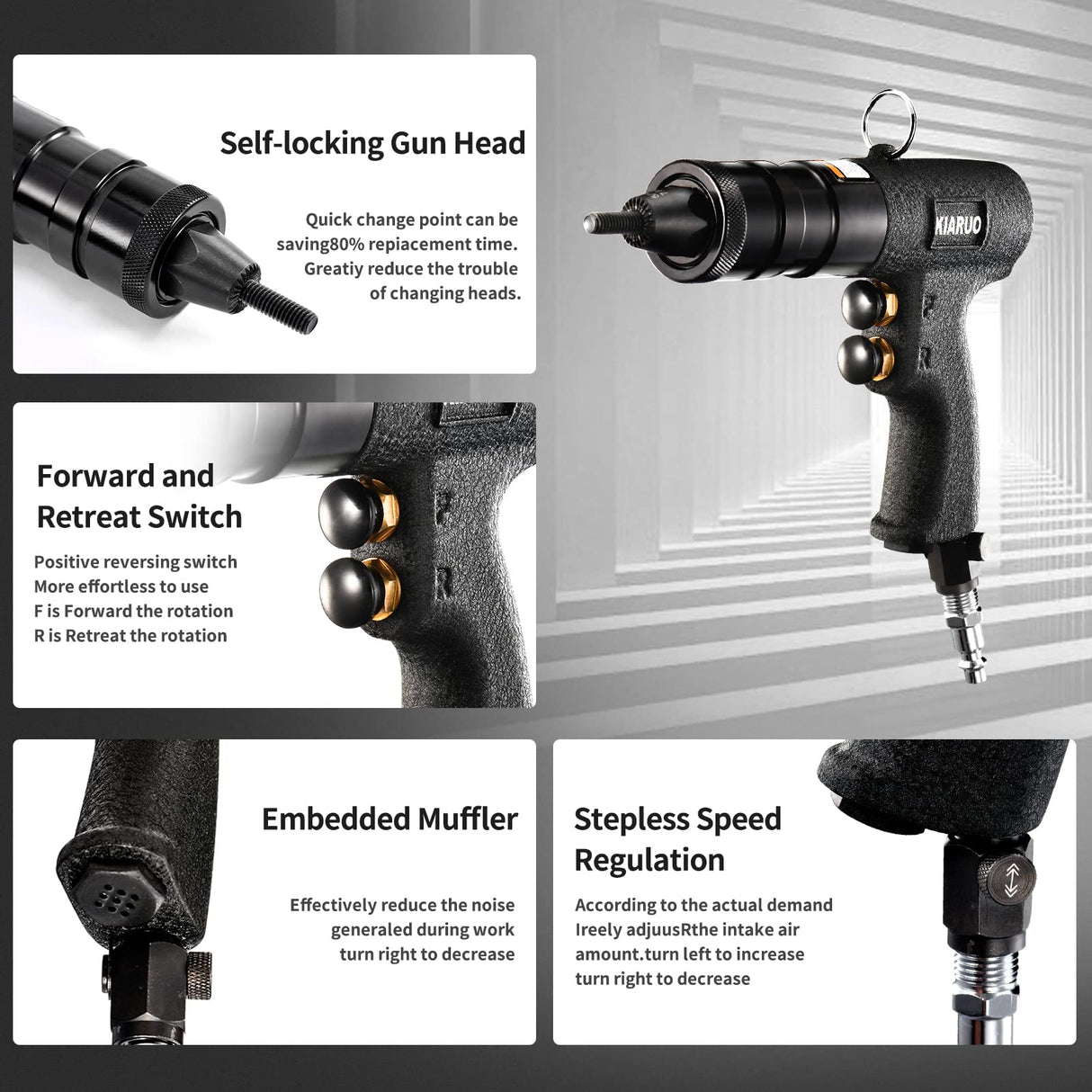KIARUO Pneumatic Rivet Nut Gun with Self-locking Head Gun 1/4 & 5/16 & 3/8 Mandrels,Industrial Grade Adjustable Speed Pull Rivnut Gun Model:LM07 KIARUO