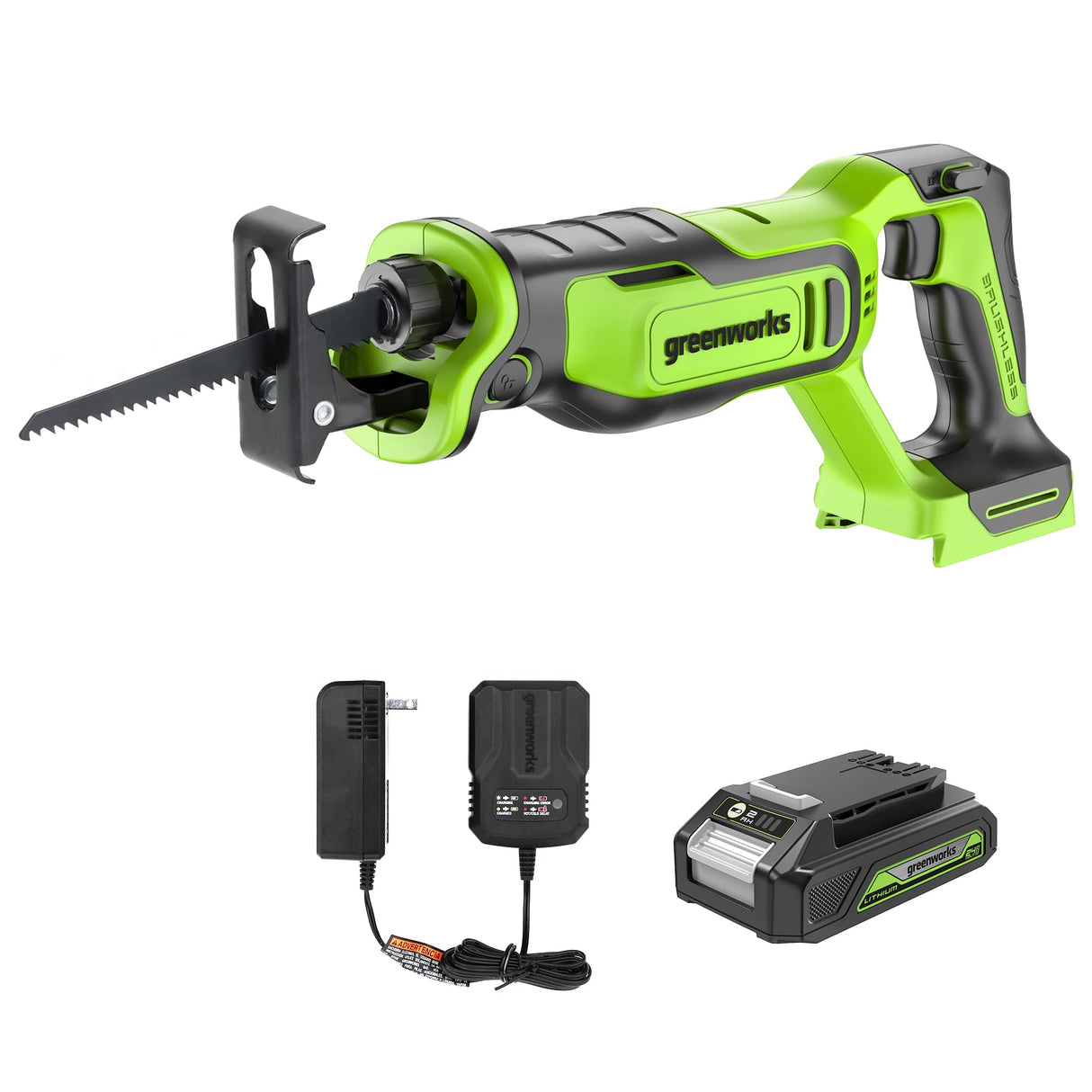 Greenworks 24V Brushless 1" Compact Reciprocating Saw (3,000 SPM), 2.0Ah Battery and Compact Charger Included Greenworks