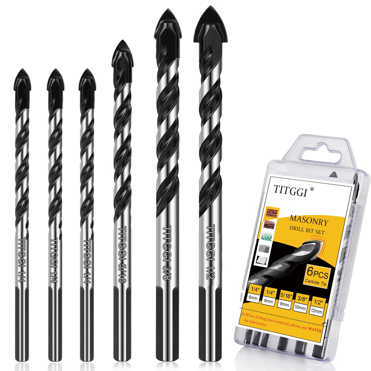 Concrete Drill Bit & Masonry Drill Bit Set, Professional Drill Bit Set (6PCS) for Glass/Brick/Plastic/Cement/Wood/Tile/Etc, Industrial Strength TITGGI