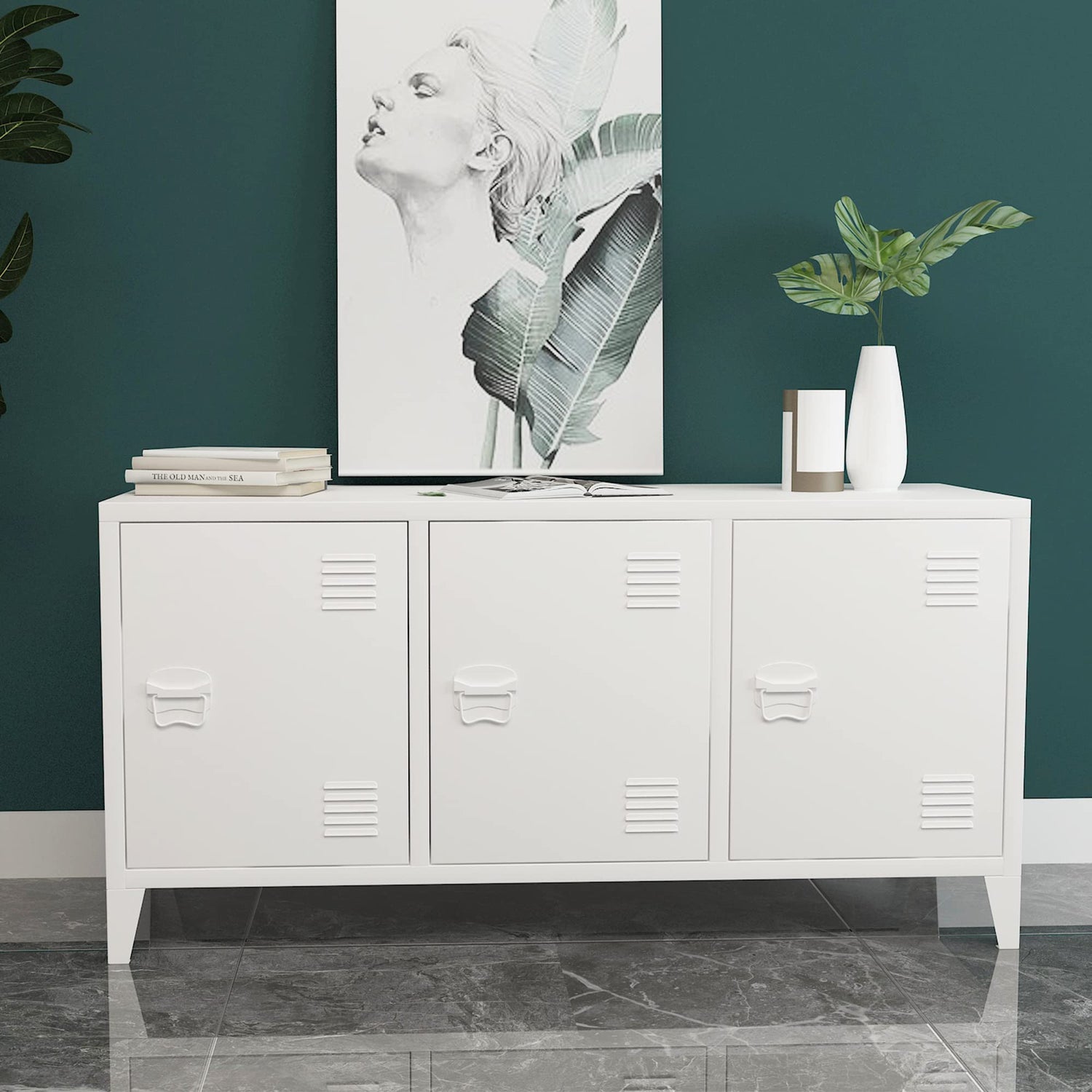 MIOCASA TV Stand Metal TV Table with Storage Steel 3 Door Locker Cabinet for Living Room (White) MIOCASA