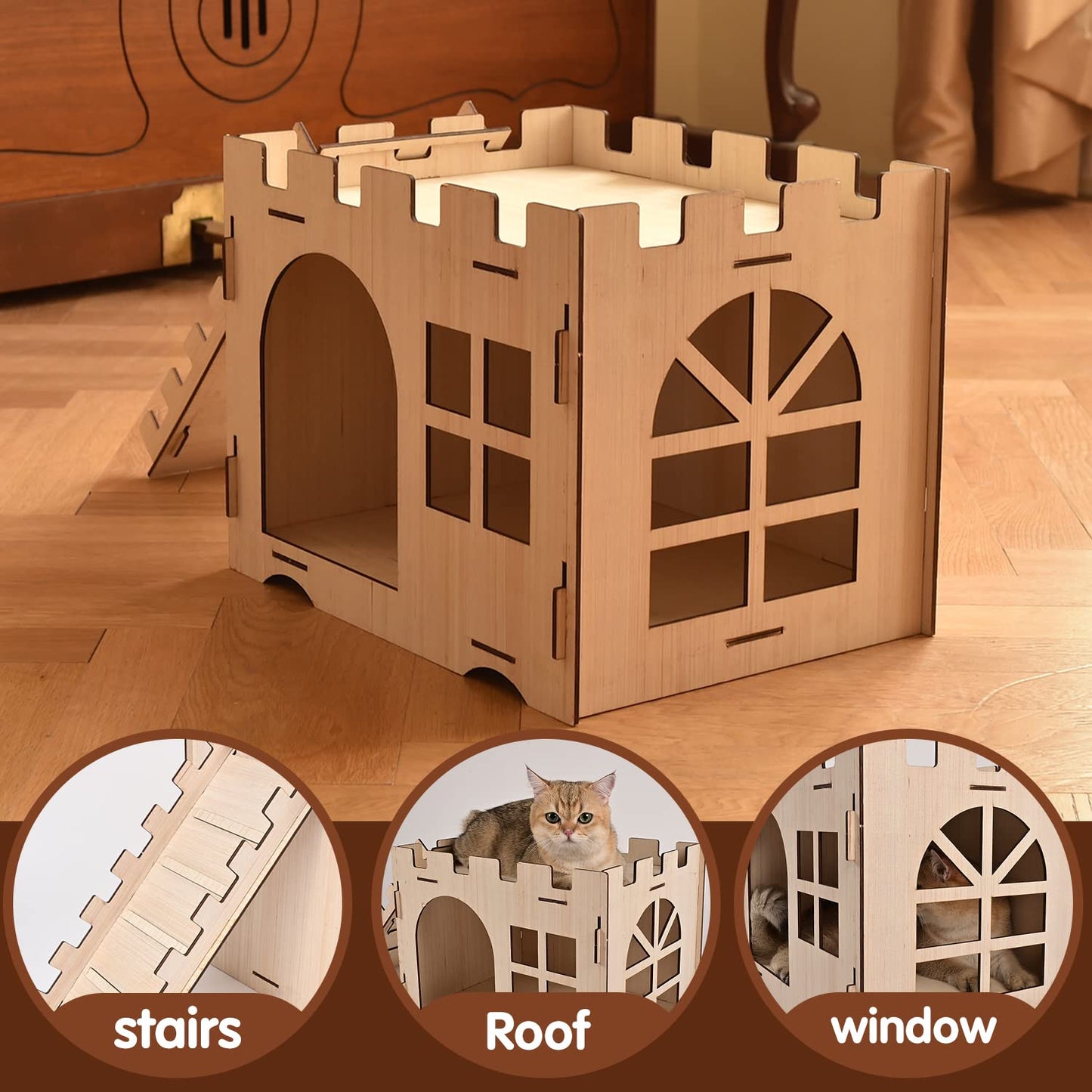 Extra Large Wooden Rabbit Castle with Ladder - Wood Cat Beds for Indoor Cats, Rabbit Hideout Bunny House Luxurious Small Animal Rest and Play House - WoodArtSupply