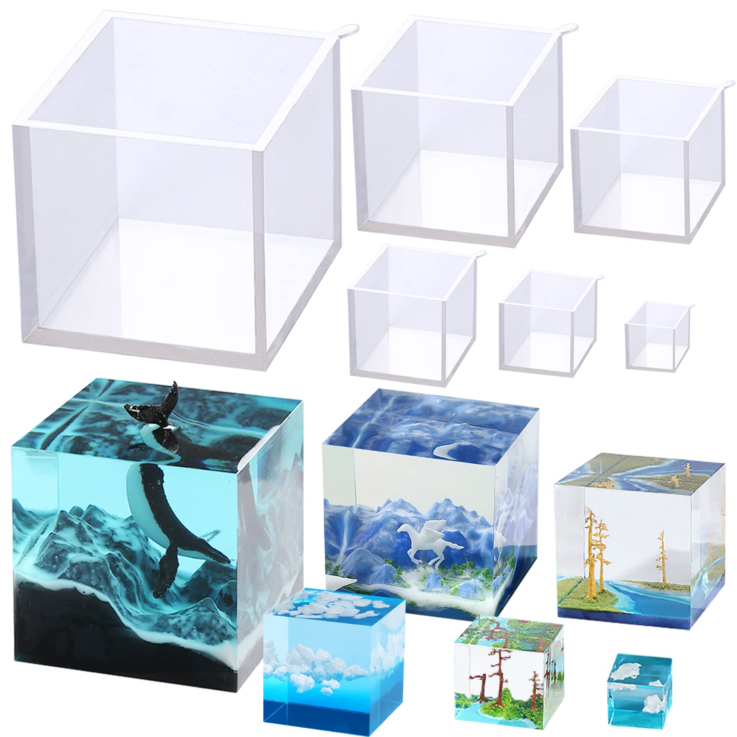 RESINWORLD Set of 4", 3", 2", 1.5", 1", 0.5" Clear Silicone Cube Molds, Large Deep Square Epoxy Resin Mold, Transparent Cube Silicone Molds for Resin - WoodArtSupply