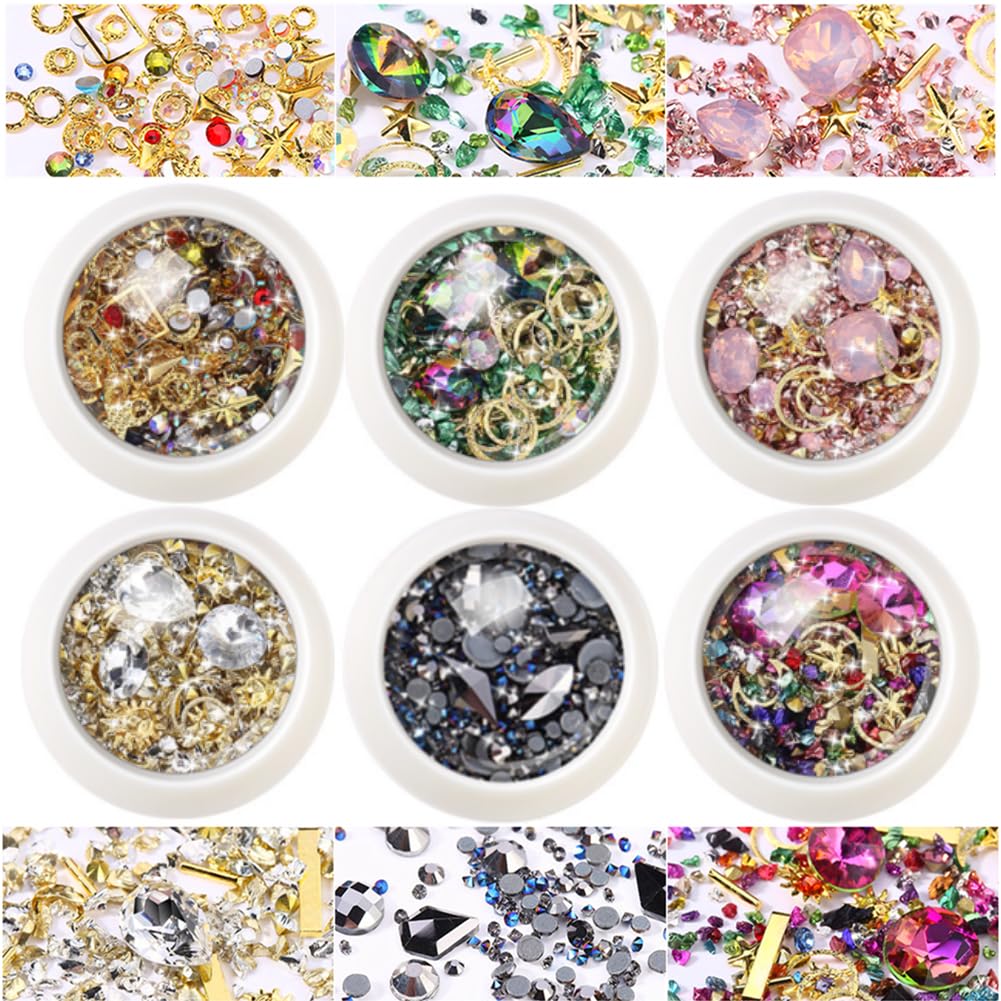 editTime 6 Wheels Mixed Sparkle Nail Art Rhinestones Diamonds Crystals Beads Artificial Pearls and Gold Silver Nail Studs Gems Metal Rivets Charms - WoodArtSupply