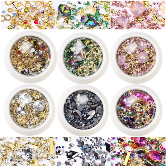 editTime 6 Wheels Mixed Sparkle Nail Art Rhinestones Diamonds Crystals Beads Artificial Pearls and Gold Silver Nail Studs Gems Metal Rivets Charms