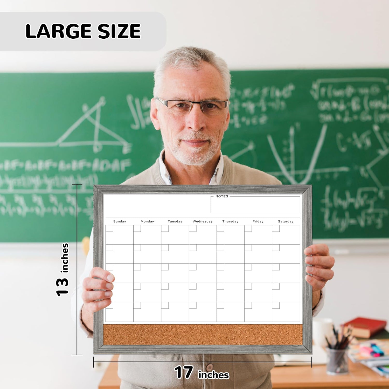 Monthly Whiteboard Calendar & Corkboard for Wall, Magnetic 17"x13" Dry Erase Board with Gray Wood Framed, 2in1 White Board Cork Board Combo, Calendar ABERLLS