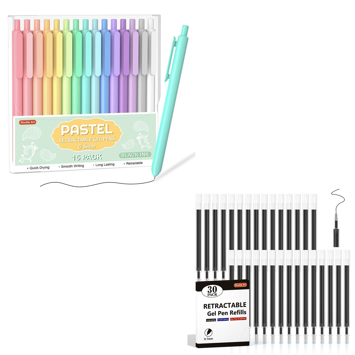 Shuttle Art School & Work Supplies Bundle, 15 Pack Pastel Gel Ink Pens in black ink, 0.5mm Tip + 30 Pack Black Retractable Gel Pen Refills 0.7mm Shuttle Art