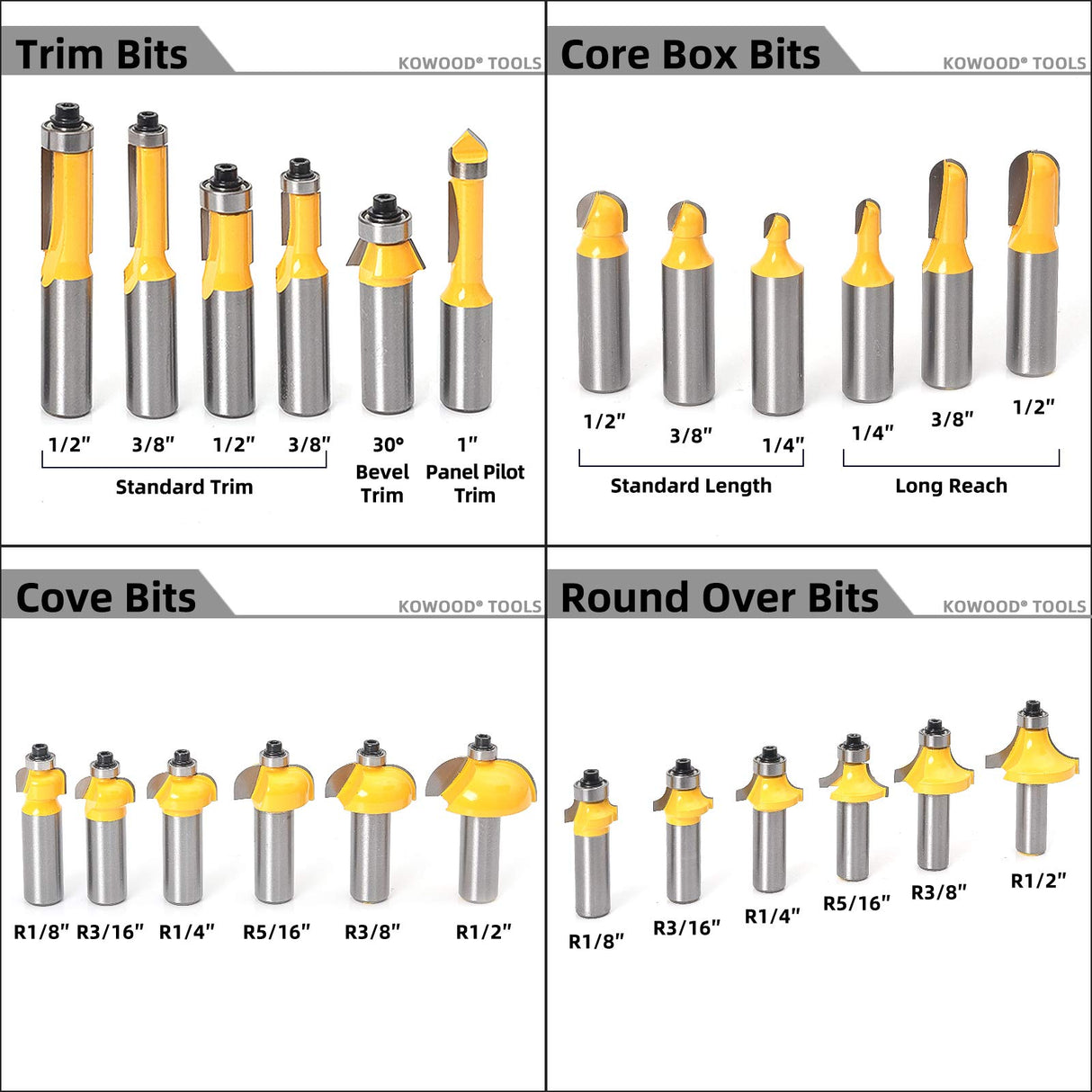 KOWOOD Router Bits Set 1/2 Inch Shank 丨70 - Piece Set. KOWOOD