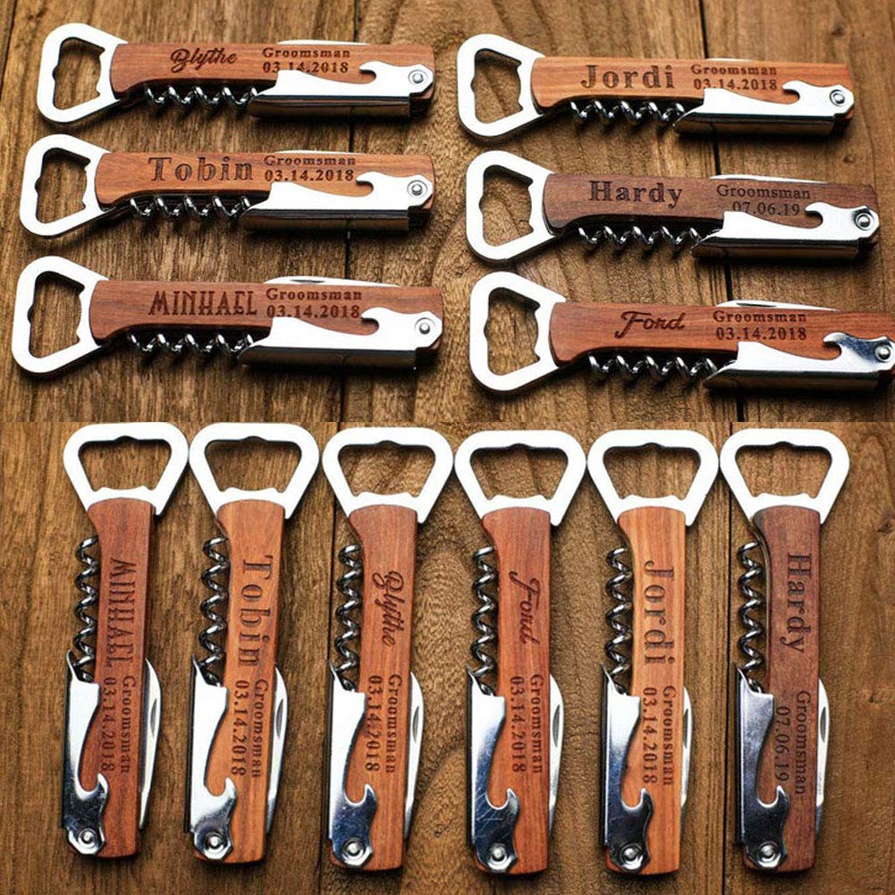 Personalized Wood Bottle Opener Wine Corkscrew, Groomsmen Corkscrew Wedding Party Gifts Engraved Wine Opener Father Day's Gift (Wooden) Clibeslty