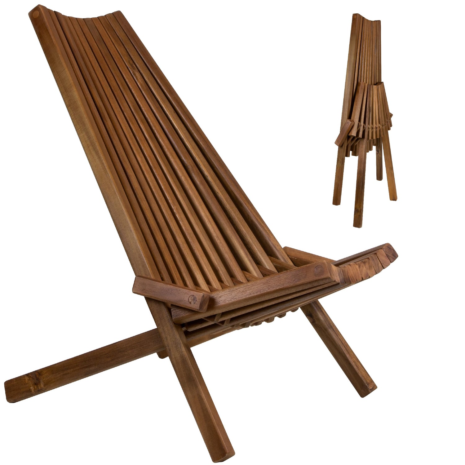 CleverMade Tamarack Folding Wooden Outdoor Chair -Stylish Low Profile Acacia Wood Lounge Chair for the Patio, Porch, Lawn, Garden or Home Furniture - CleverMade
