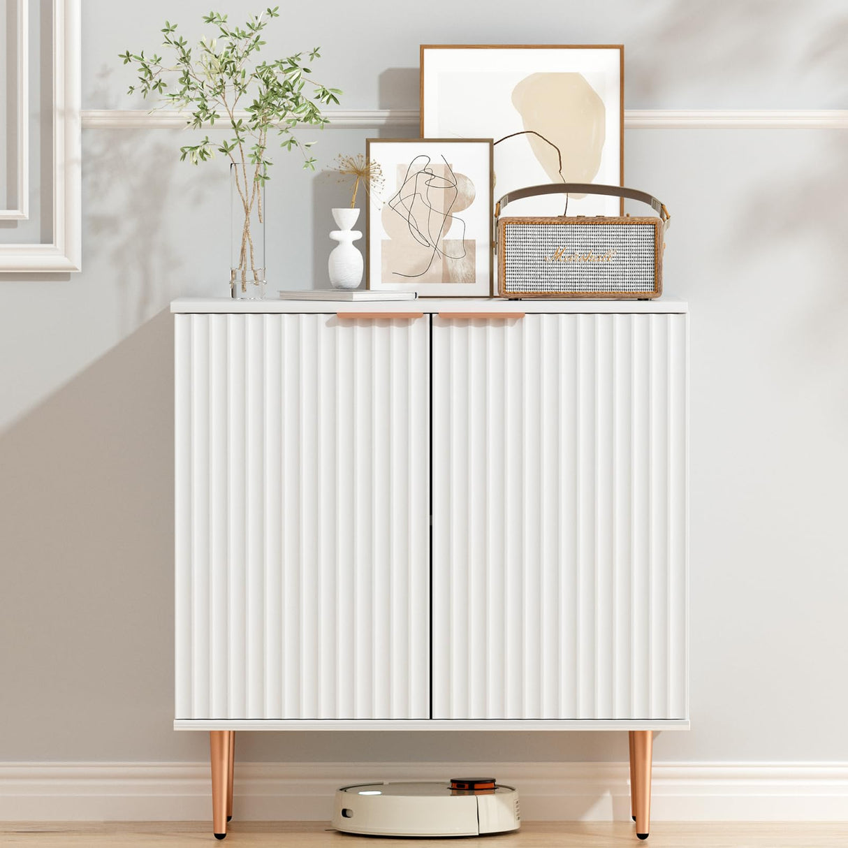 EOYUTLLY White Storage Cabinet,Wood Sideboard Buffet Cabinet with Fluted Textured & Rose Gold Colored Metal Legs, Accent Cabinet for Living EOYUTLLY