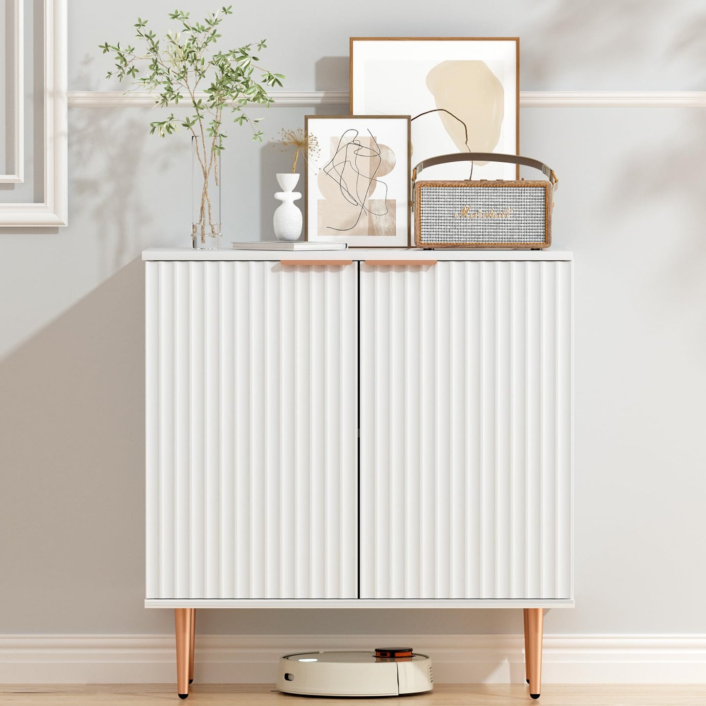 EOYUTLLY White Storage Cabinet,Wood Sideboard Buffet Cabinet with Fluted Textured & Rose Gold Colored Metal Legs, Accent Cabinet for Living