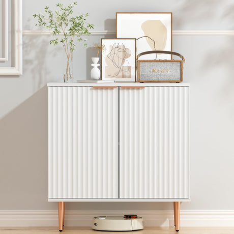 EOYUTLLY White Storage Cabinet,Wood Sideboard Buffet Cabinet with Fluted Textured & Rose Gold Colored Metal Legs, Accent Cabinet for Living EOYUTLLY