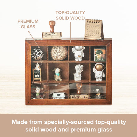 Mini Clear Display Wood Cabinet with 12 Slots - Collectibles Display Case - Wooden Floating Shelves for Display & Home Decor - Vintage Style Wood Woodaholic
