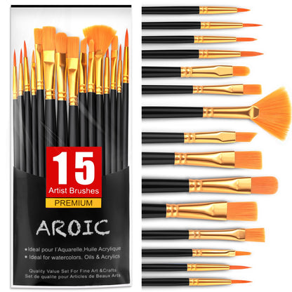 AROIC Acrylic Paint Brush Set,1pack/15pcs Nylon Hair Acrylic Painting Brush,Watercolor Rock Face Painting Brush, Artist Craft Brush Supplies, Paint - WoodArtSupply