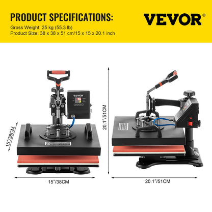 VEVOR Heat Press, 5 in 1 Heat Press Machine 15x15, 1050W Sublimation Transfer Printer with Teflon Coated, Fast&Even Heating, Digital Precise - WoodArtSupply