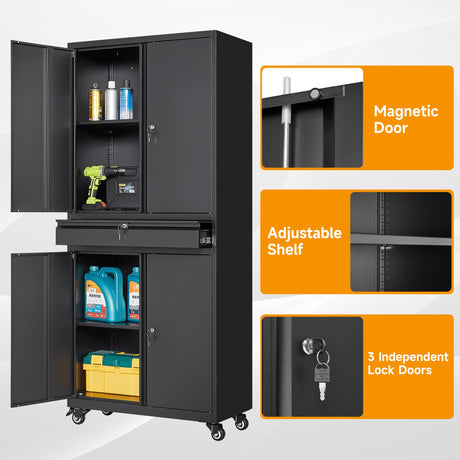 STANI Metal Garage Storage Cabinets with Drawer, 4 Doors Tool Storage Cabinet with 2 Adjustable Shelves, 72"-Rolling Steel Locking Cabinet for Garage STANI
