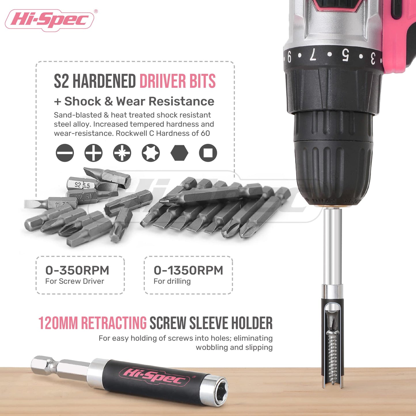 Hi-Spec 58pc Pink 18V Cordless Power Drill Driver, Bit Set & Case. Complete Home & Garage DIY Tool - WoodArtSupply