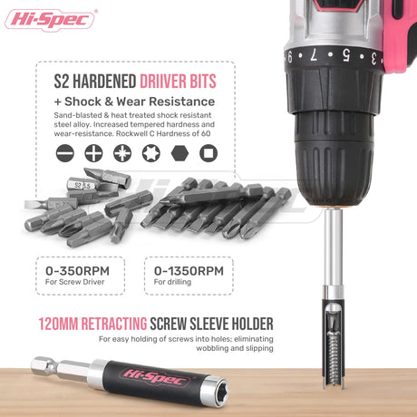 Hi-Spec 58pc Pink 18V Cordless Power Drill Driver, Bit Set & Case. Complete Home & Garage DIY Tool Hi-Spec