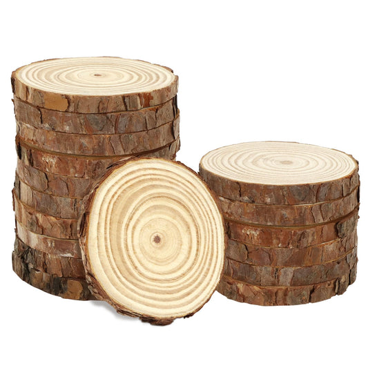 FSWCCK 16 PCS Unfinished Wood Slices, 3.5-4 Inches Round Wooden Circle with Tree Bark, Rustic Wood Centerpieces for Weddings Table Decor and DIY