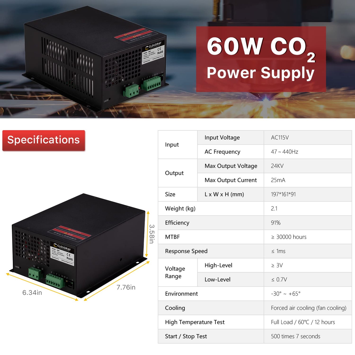 Cloudray 60W Co2 Laser Power Supply 110V for CO2 Laser Tubes Laser Engraver Cutter Engraving Machine MYJG-60W Cloudray