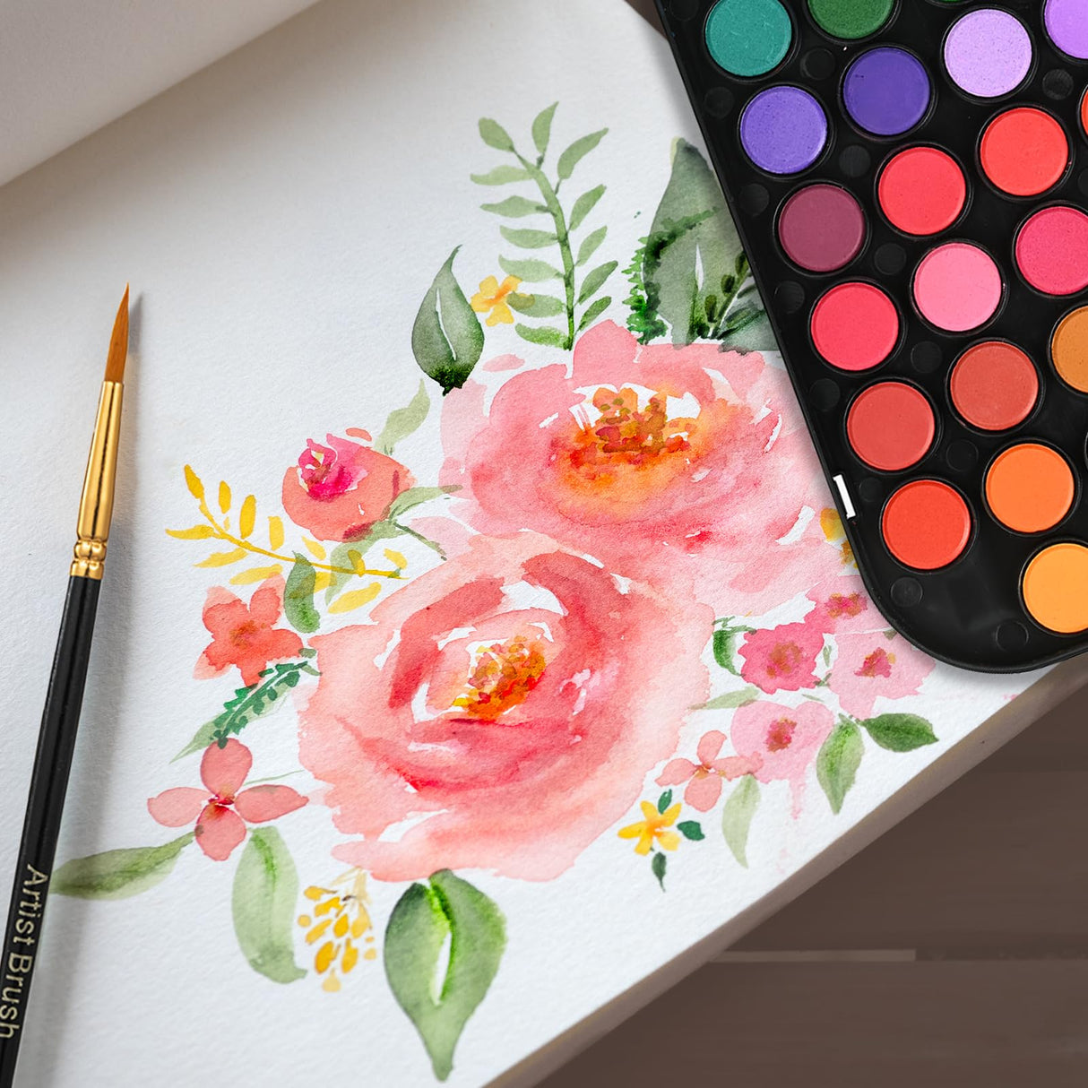 GETHPEN Watercolor Paint 48 Colors, Angular Paint Brushes Nylon Hair Angled Watercolor Pait Brush Set GETHPEN