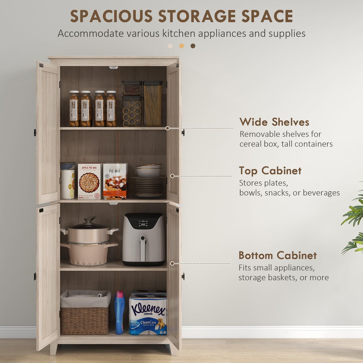 HOMCOM 72" Freestanding 4-Door Kitchen Pantry, Storage Cabinet Organizer with 4-Tiers, and Adjustable Shelves, Natural