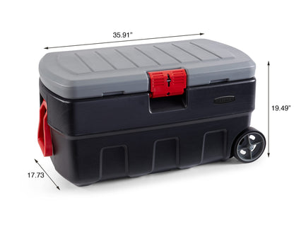 Rubbermaid ActionPacker 35 Gal Wheeled Lockable Storage Bin with Lid, Heavy-Duty Water Repellent Industrial Container with Built-In Durable Wheels,