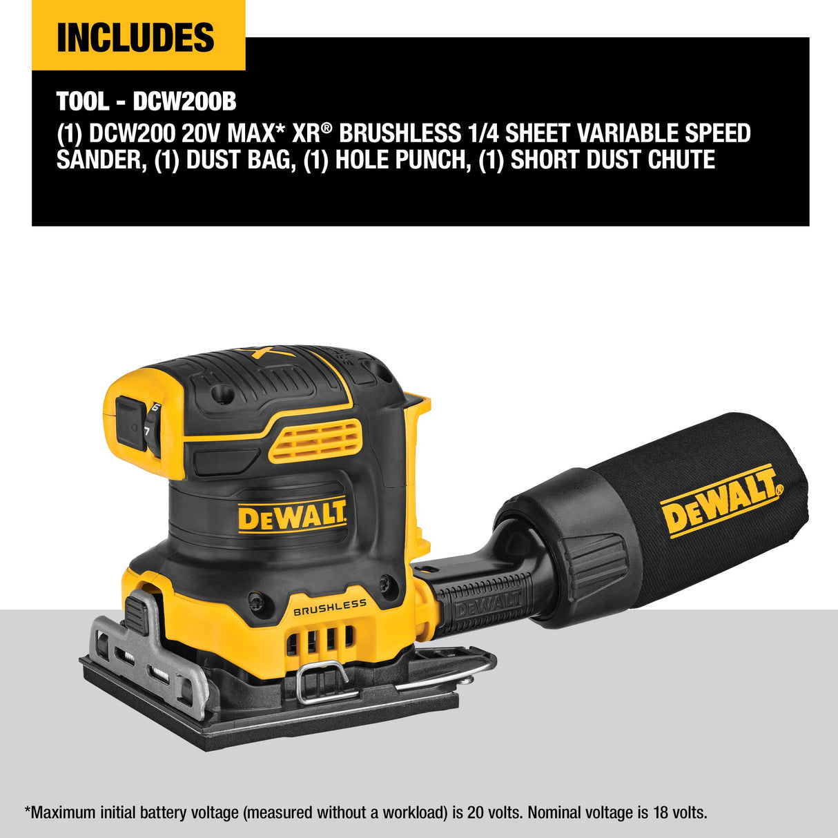 DEWALT 20V MAX* XR Palm Sander, Sheet, Variable Speed, 1/4-Inch, Tool Only (DCW200B) DEWALT