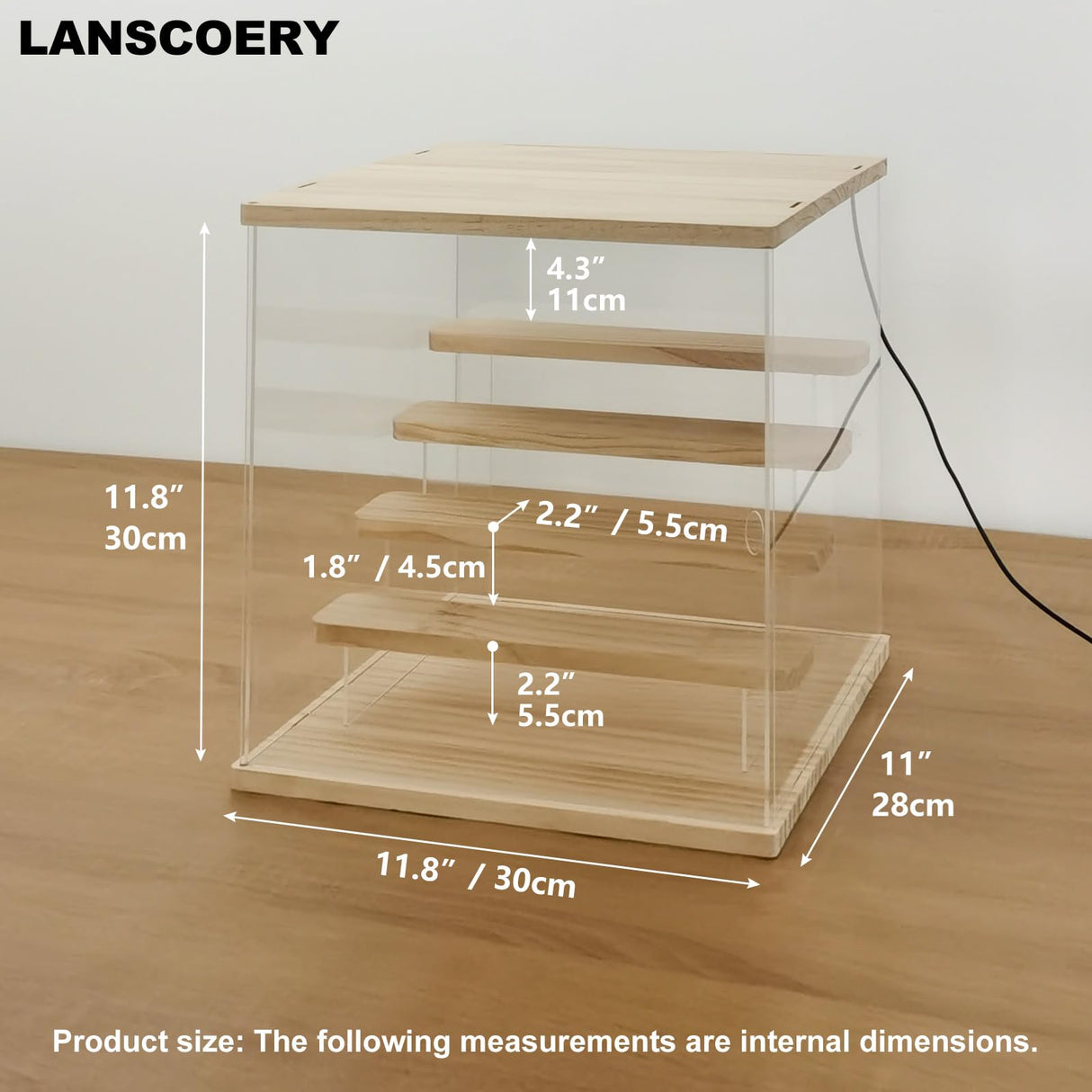 LANSCOERY Clear Acrylic Display Case with Light, Assemble 5 Tier Display Box Stand with Wooden Base, Dustproof Protection Showcase for Collectibles LANSCOERY