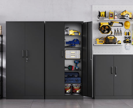 MIIIKO Black Garage Storage Cabinet with Doors and 5 Shelves, 72" Tall Steel Cabinet Tool Storage, Lockable Metal Utility Cabinet for Garage, Office, MIIIKO