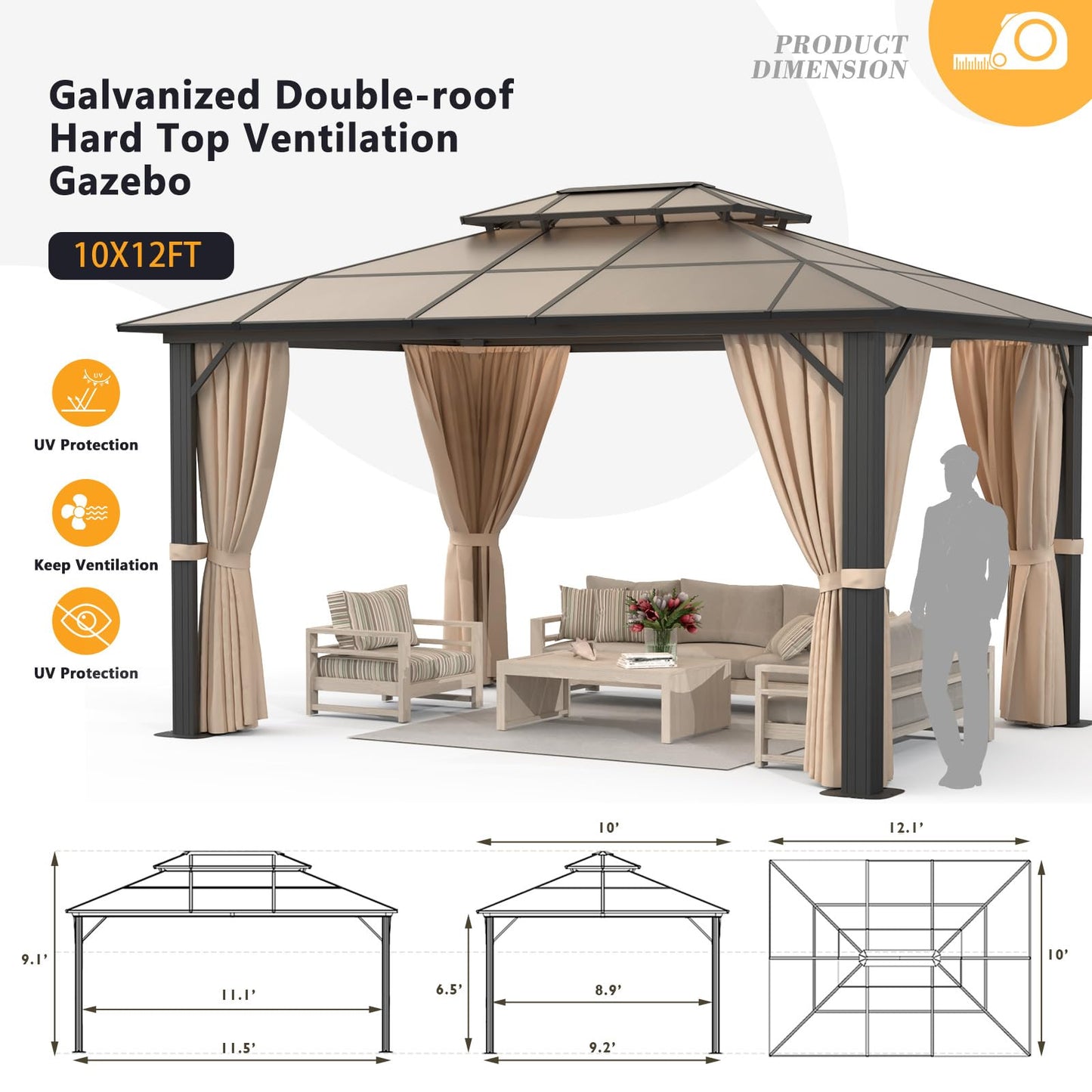 Jolydale 10'x12' Hardtop Gazebo, Double Roof Gazebo, Aluminum Frame Permanent Pavilion with Netting and Curtains, Outdoor Polycarbonate Gazebo, for - WoodArtSupply