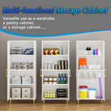 NOVAMAISON White Storage Cabinet 69” Tall - Storage Cabinet w/ 2 Doors and Adjustable Shelves, Freestanding Kitchen Pantry w/Gold Handles and Legs, NOVAMAISON
