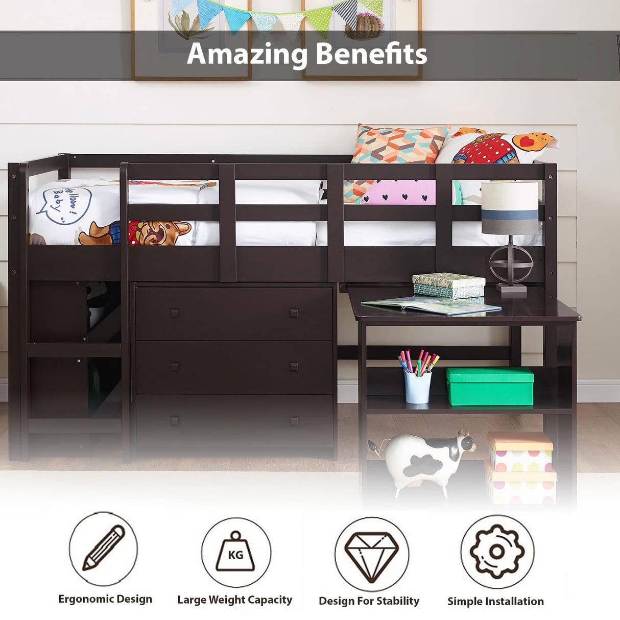 Naomi Home Twin Loft Bed with Desk and Storage - Space-Saving Kids Bed in Espresso Naomi Home