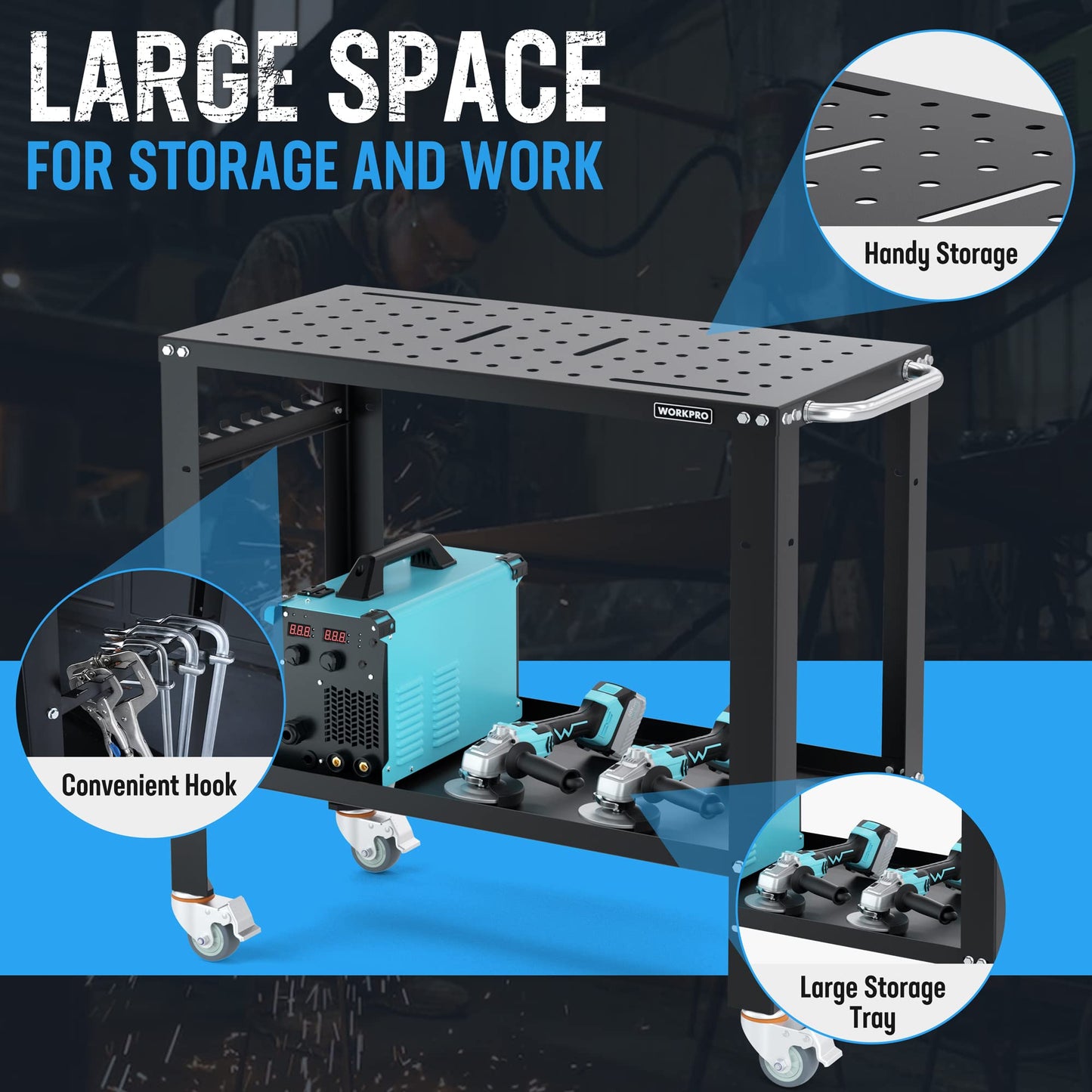 WORKPRO 36”×18” Welding Table, 1200 lbs Load Capacity, Nitriding Tabletop, Portable Welding Table with 5/8" Holes on Top, Welding Cart, Casters with - WoodArtSupply