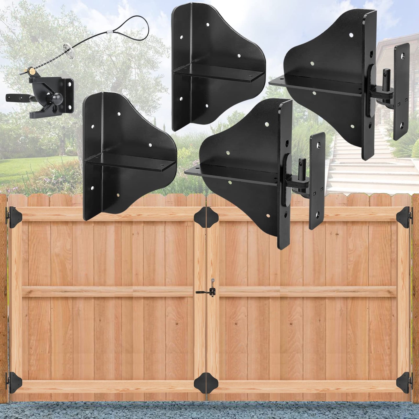 Magacyo Fence Gate Kit Gate Hardware with Gate Latch for Single and Double Doors - Updated 90 Degree Right Angle Gate Hinges - Anti Sag Gate Kit -