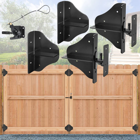 Magacyo Fence Gate Kit Gate Hardware with Gate Latch for Single and Double Doors - Updated 90 Degree Right Angle Gate Hinges - Anti Sag Gate Kit - Magacyo