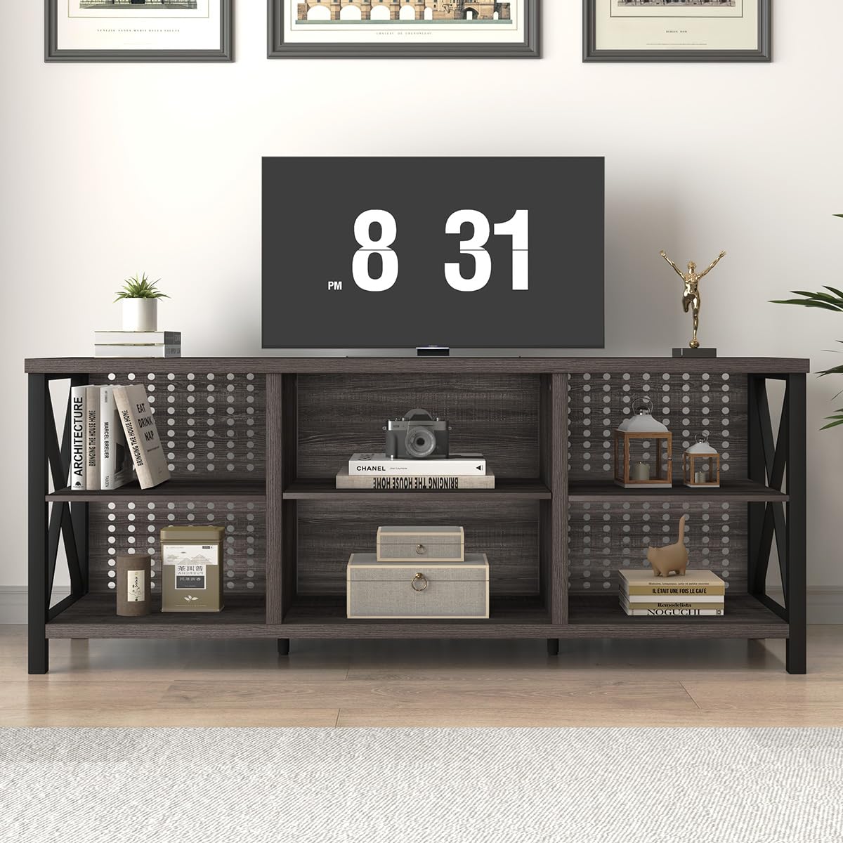 LVB TV Stand for 70 Inch TV, Rustic Industrial Entertainment Center, Large Television Stands for Living Bedroom, Long Wood Metal TV Table Stand with